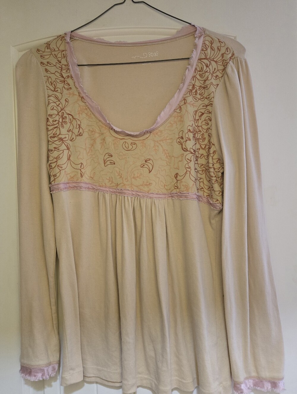 NWOT Cream Long Sleeve Embroidered Yoke Top with Pink Trim